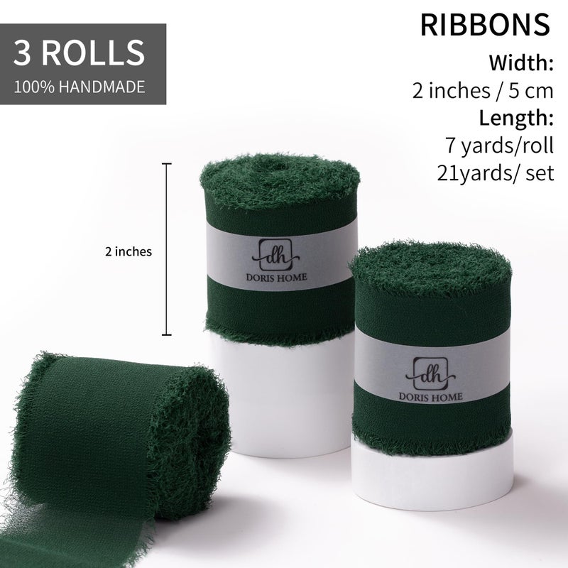 DORIS HOME Dark Green Chiffon Ribbon for Flower Bouquet, 2" x21Yd Fabric Ribbon for Gift Wrapping, Handmade Frayed Ribbon for Wedding/Christmas Decorations - Image 2